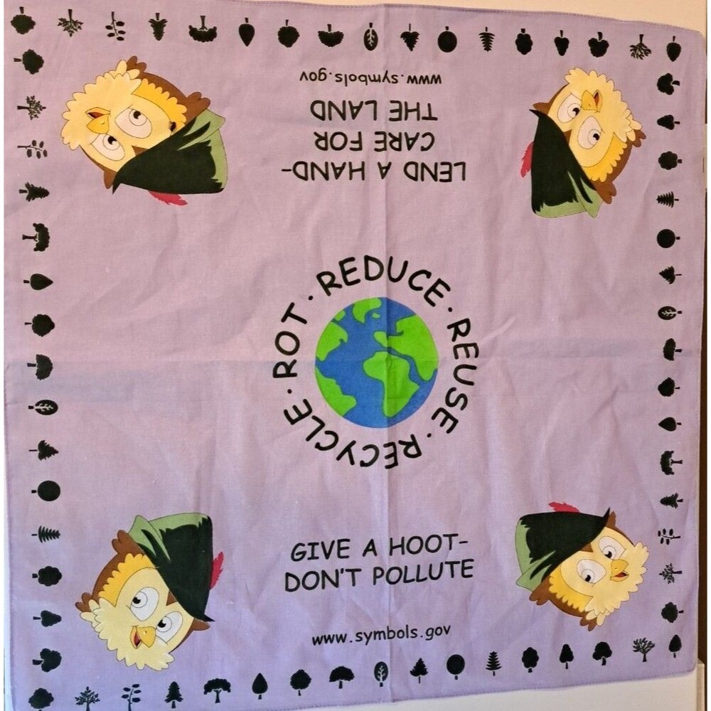Reduce Reuse Recycle ROT Owl Give A Hoot Purple Hanky 21x21 USA Dont Pollute Eco